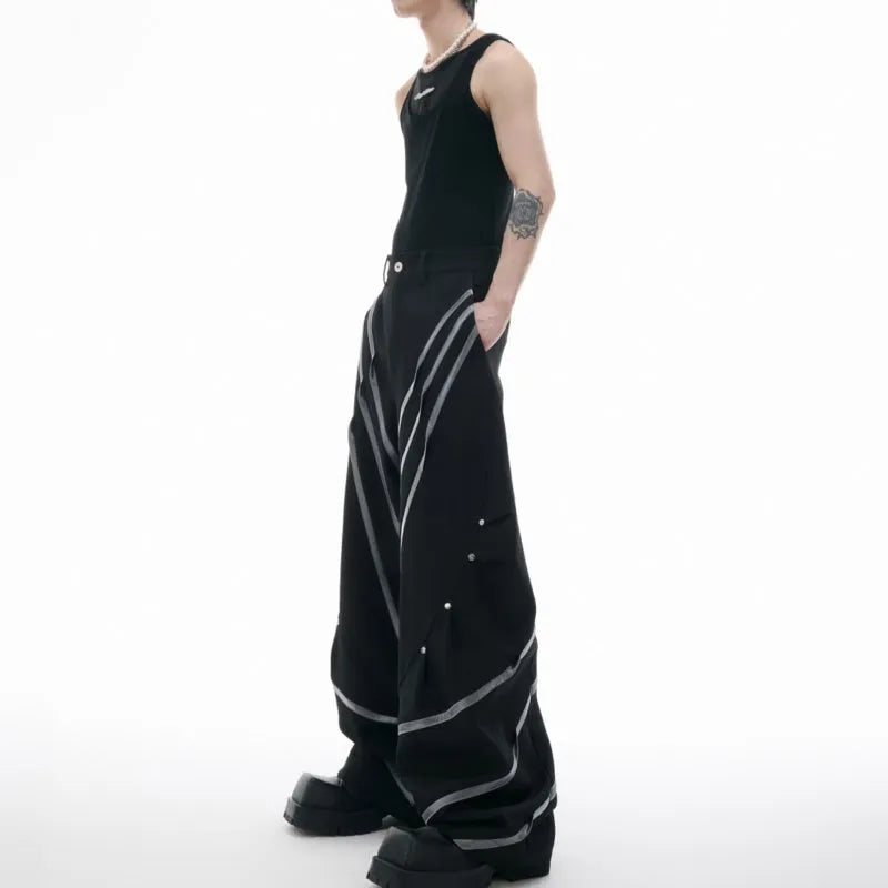 Men's polyester trousers with three-dimensional cutting, metal striped rivets, and pleated design