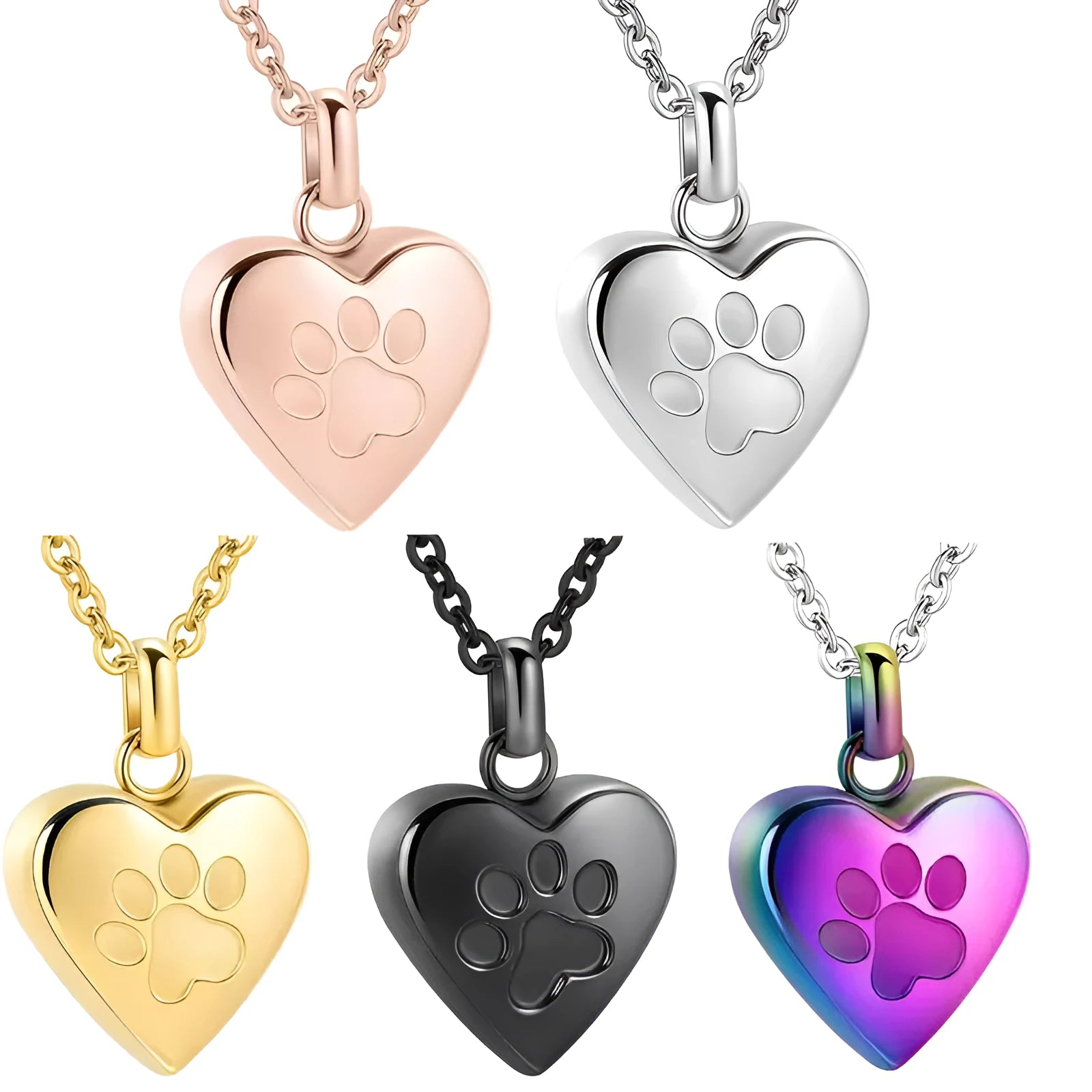 Polished titanium steel heart pendant necklace with love paw print, shown in silver colour.