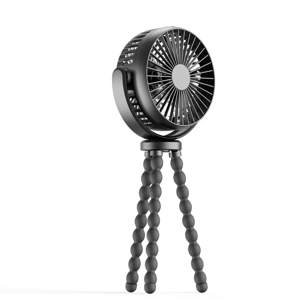 HOMEFISH F2 automatic shake head fan with LED light and removable bracket on a table.