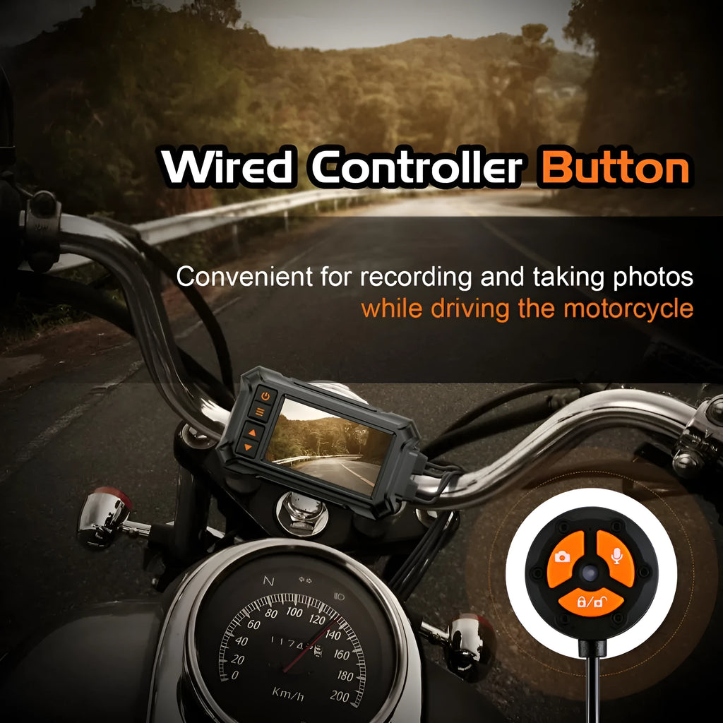 Motorcycle dual lens dashcam recorder with GPS module and mounting accessories on a black background.