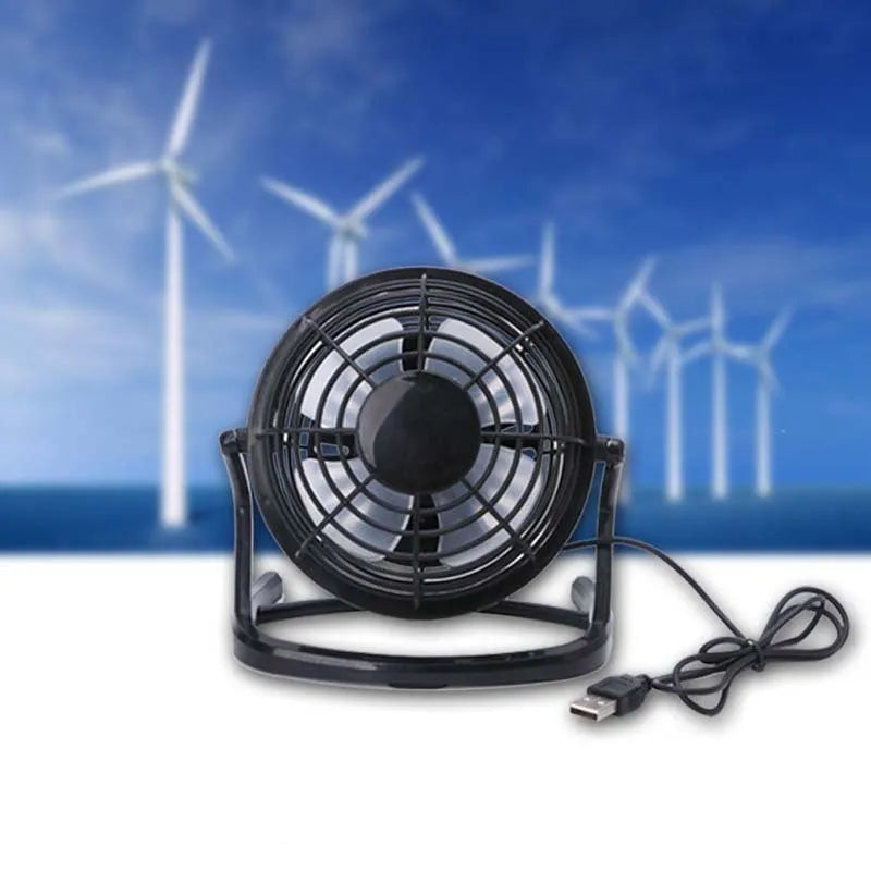 Mini adjustable USB desk fan in black colour with 96mm blades for computer workspace cooling