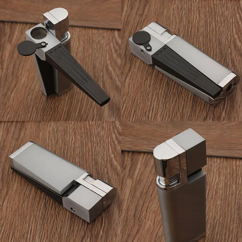 Metal pipe lighter with folding flap covering lighter mechanism and stash compartment