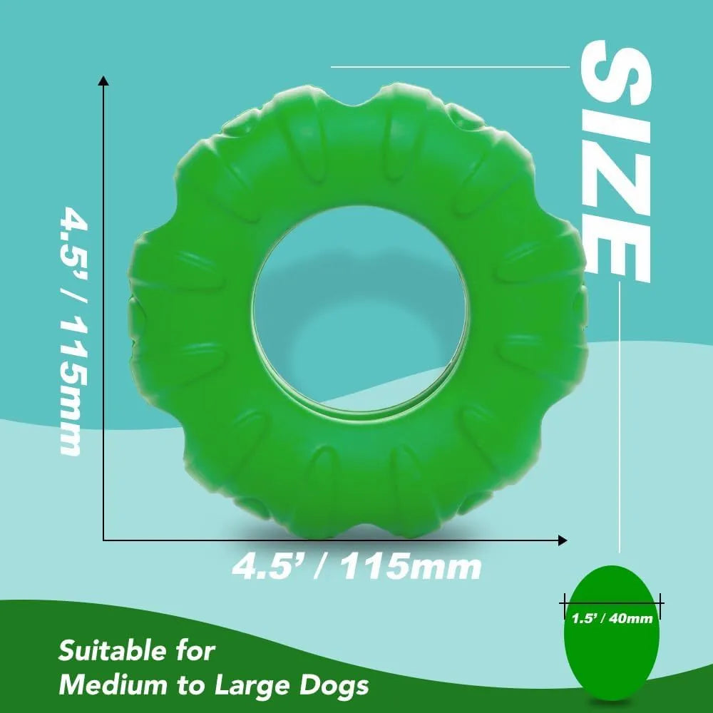 Blue natural rubber tyre-shaped dog chew toy and slow feeder with six oval openings.