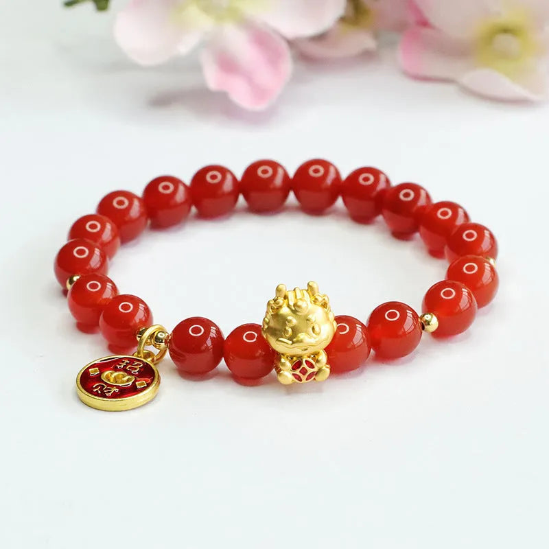 Red agate bead bracelet with Chinese style design for Dragon zodiac sign, showing 8mm bead size.