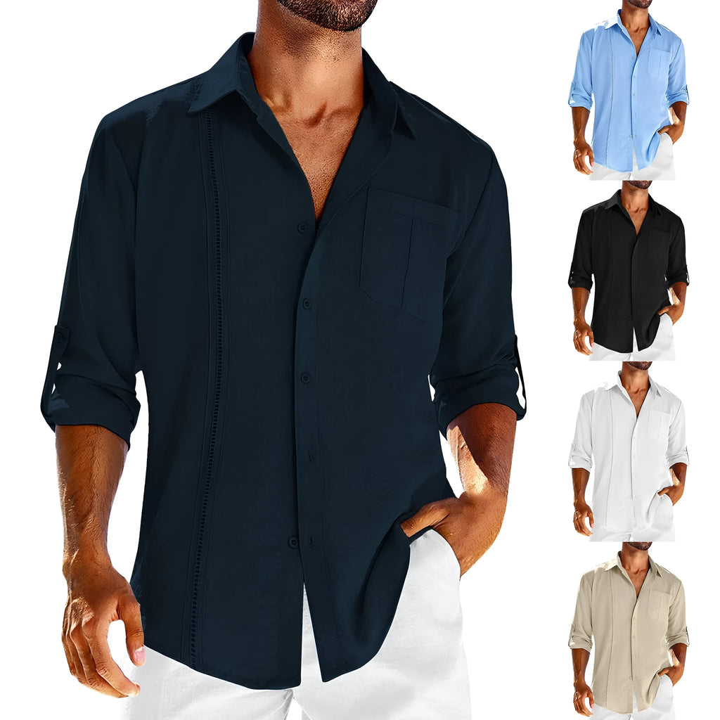 Men's solid colour long sleeve casual shirt with button front, polo collar, and chest pocket.