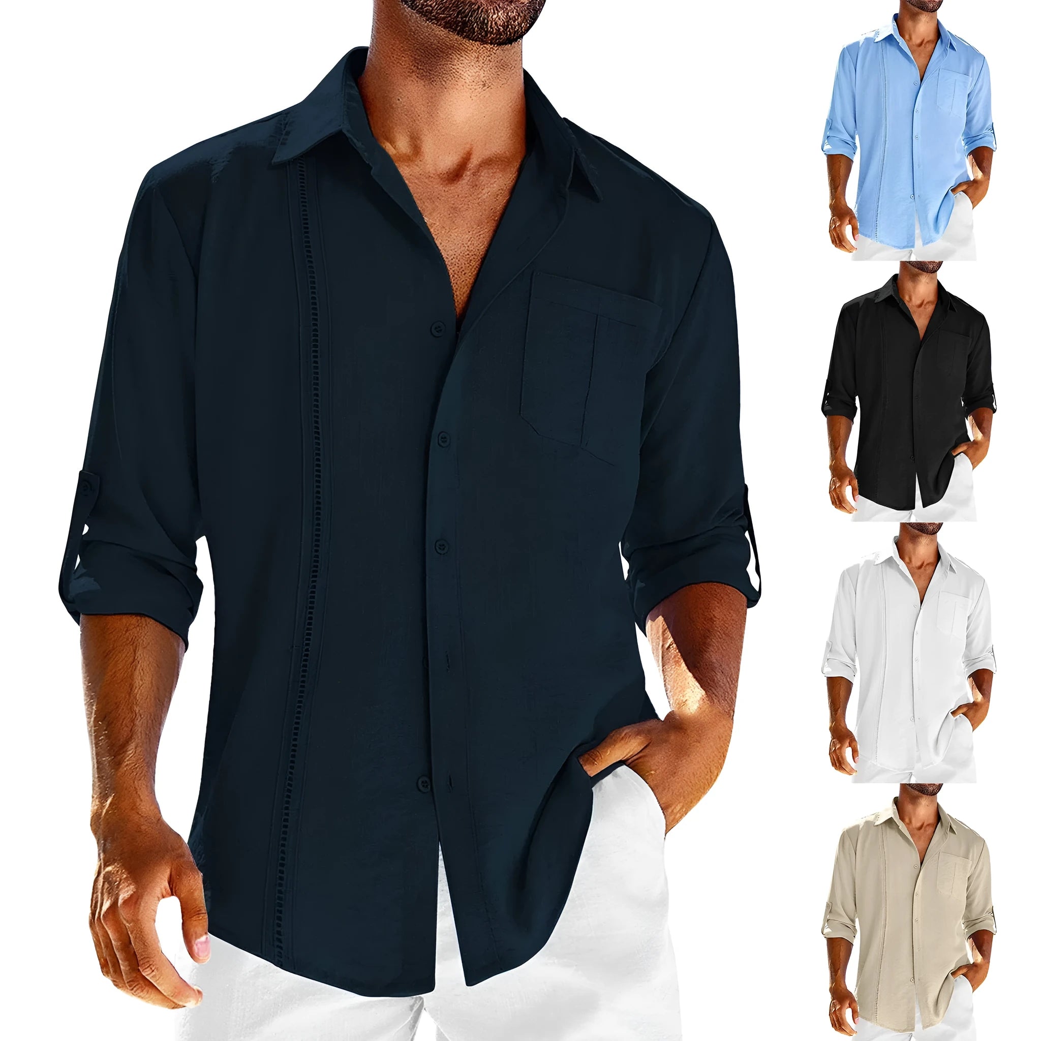 Men's solid colour long sleeve casual shirt with button front, polo collar, and chest pocket.
