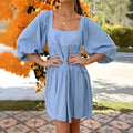 Children's orange red backless dress with puff sleeves and square collar, A-line skirt