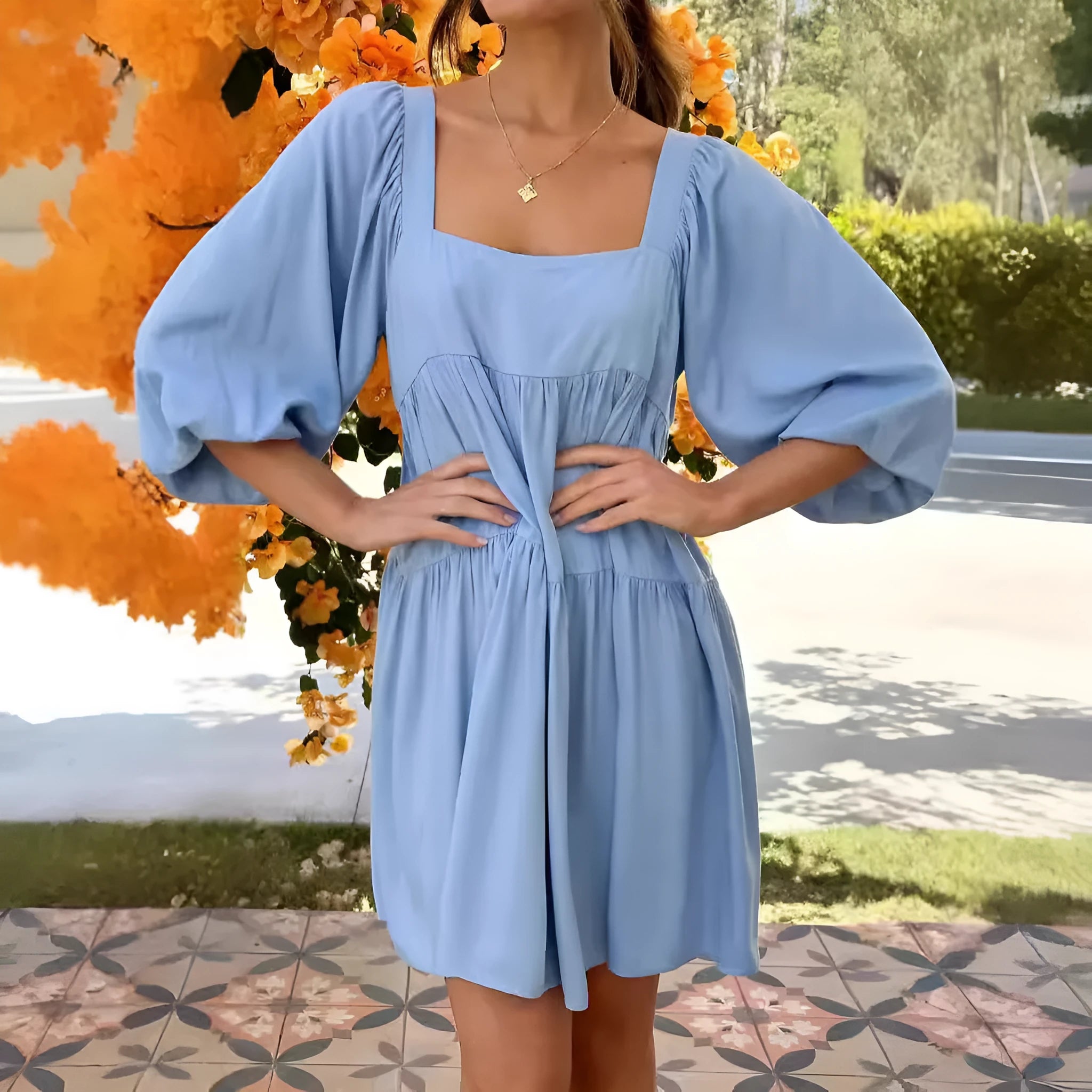 Children's orange red backless dress with puff sleeves and square collar, A-line skirt