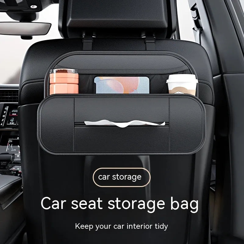 Black leather car seat rear storage bag with dimensions 36cm by 8cm by 24cm