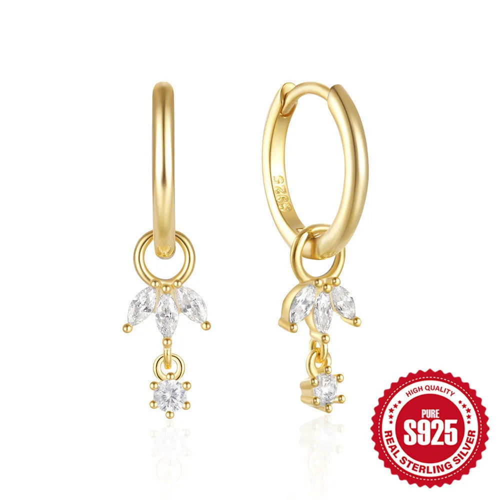 Geometric sunflower design sterling silver earrings with zircon stones in golden finish