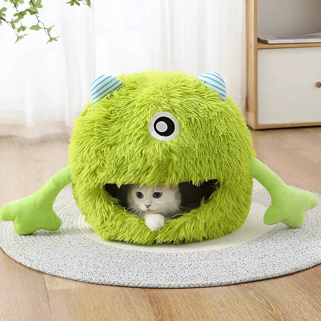 Soft grey plush round cat bed with a non-slip base, shown in small, medium, and large sizes.