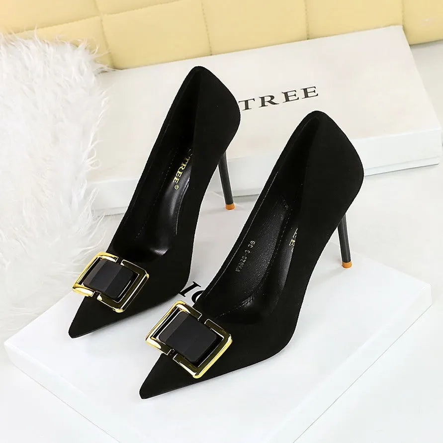 Black suede women's stiletto high heels with 9cm heel and shallow mouth cutout design