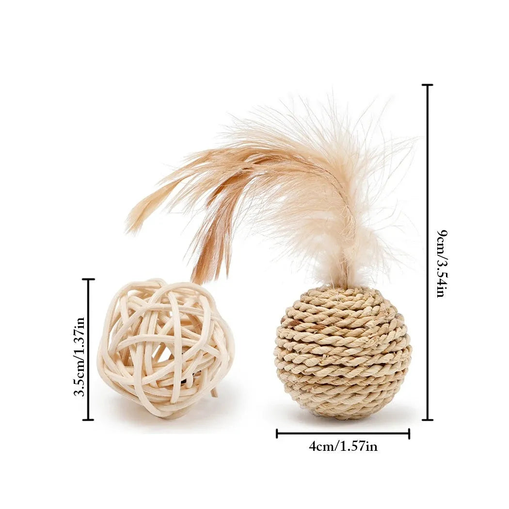 Two cat toys: rattan ball with bell and faux feather ball on rattan base for interactive feline play