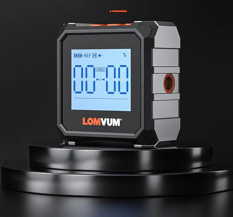 Digital laser infrared woodworking tape measure with alloy casing and backlit display.