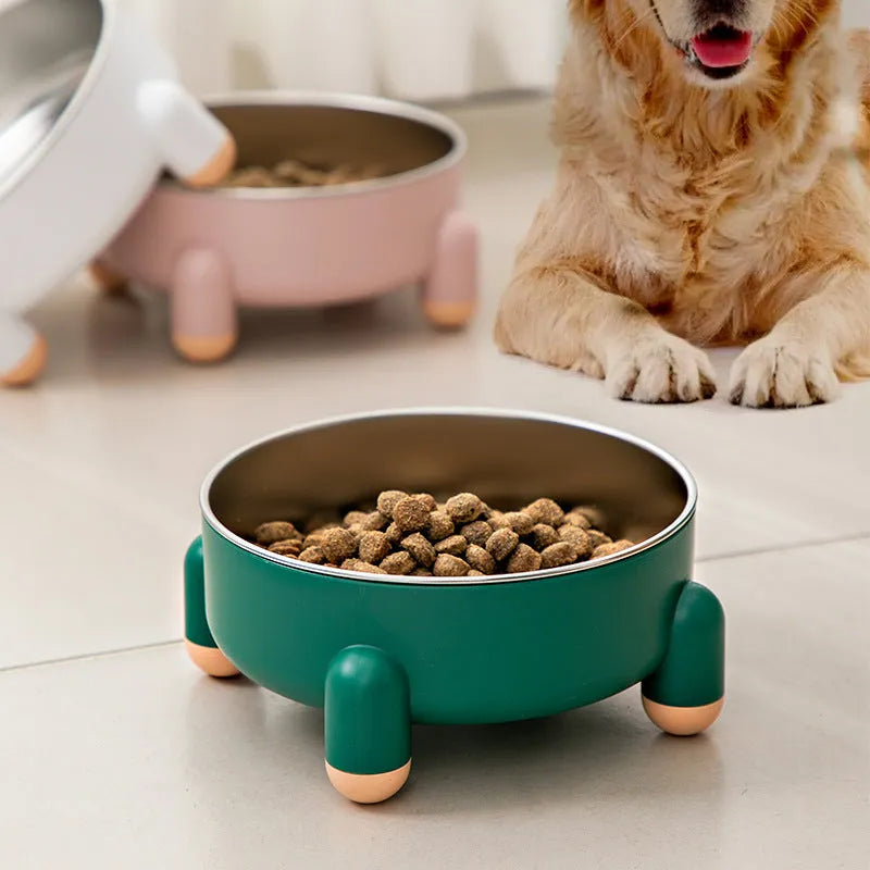 Green stainless steel pet bowl with a high foot and non-slip anti-overturn base for dogs and cats