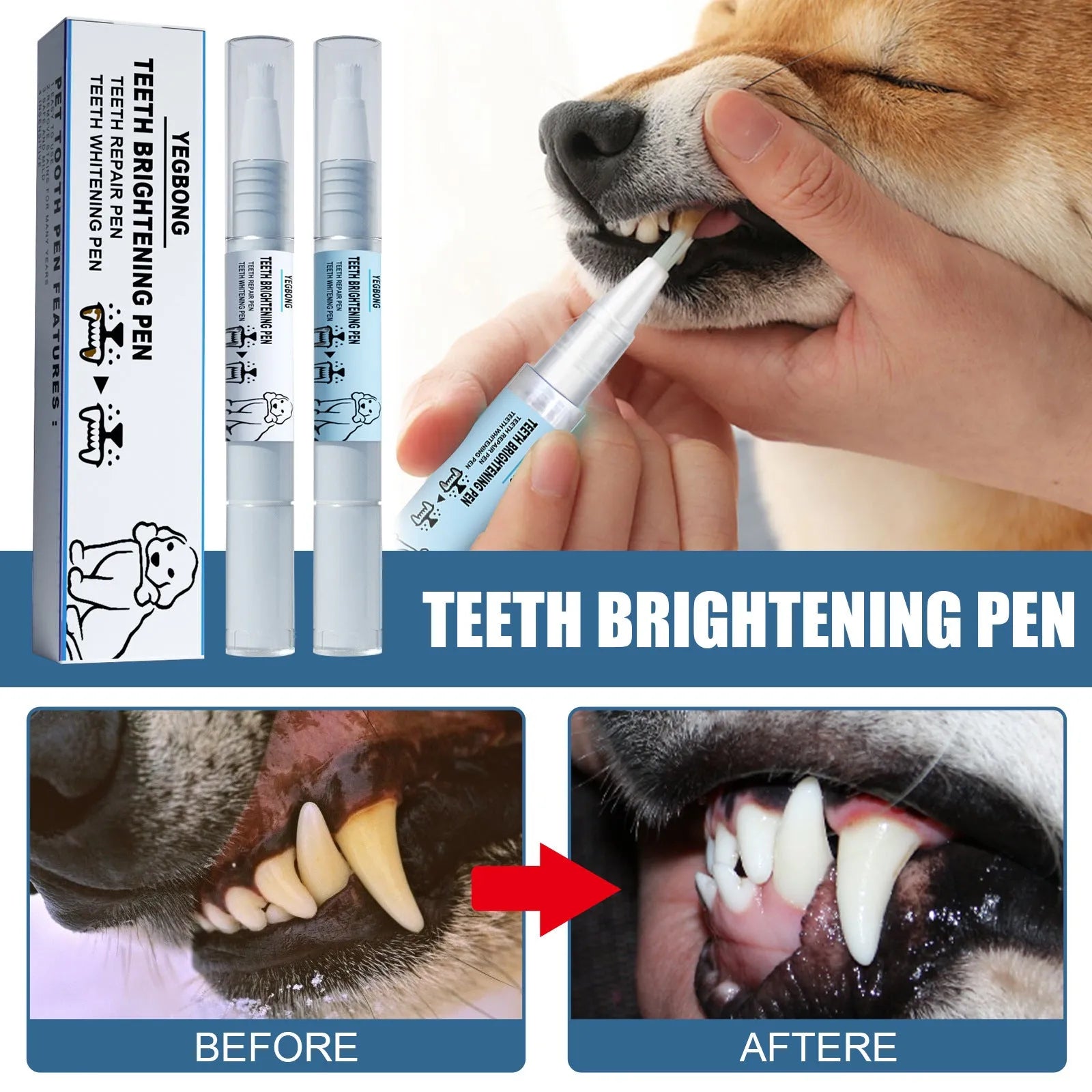 Pet teeth whitening pen with dual-tip brush for dog and cat dental care application