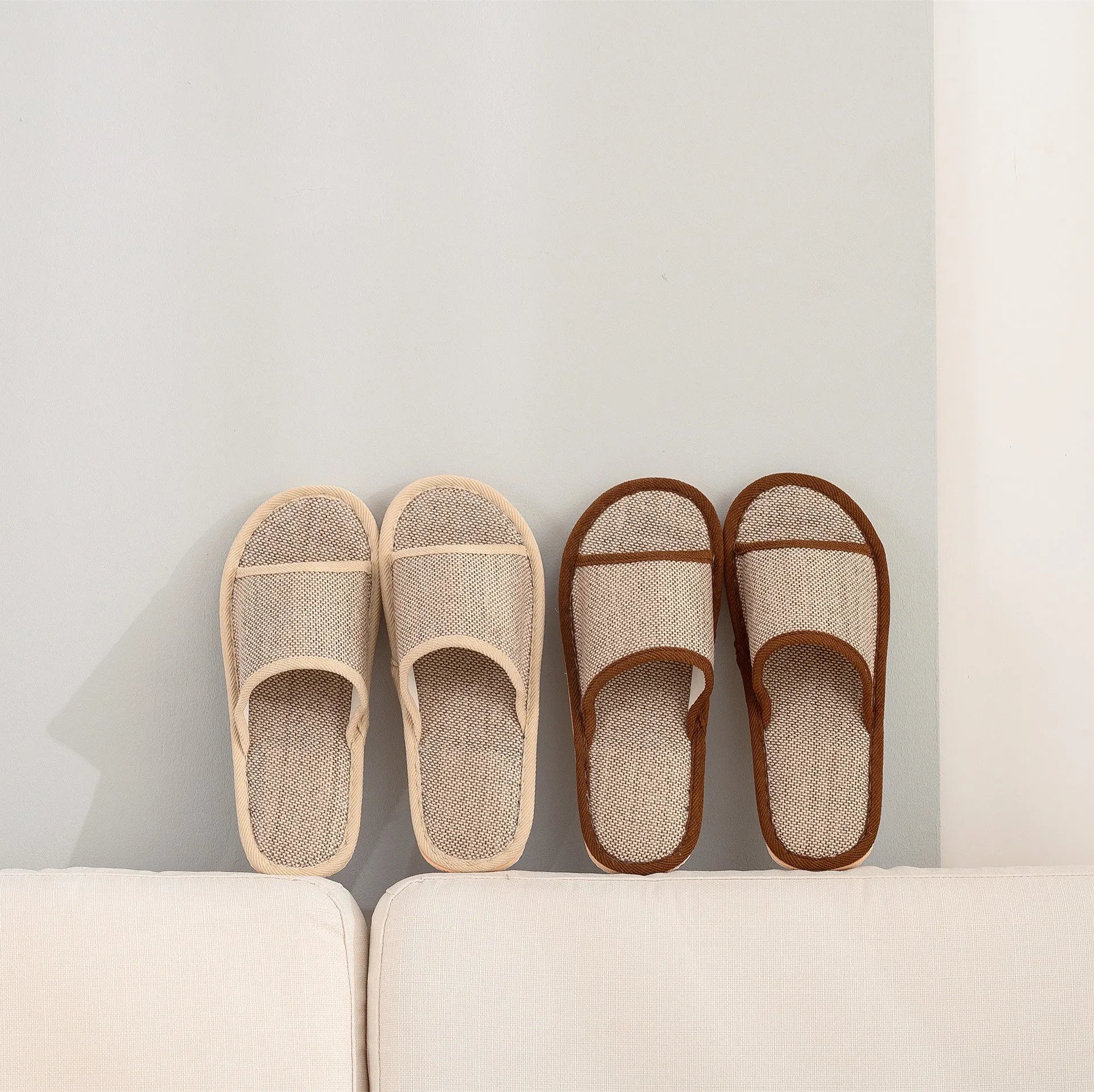 Women's linen open toe slippers in dark coffee colour with thickened sole