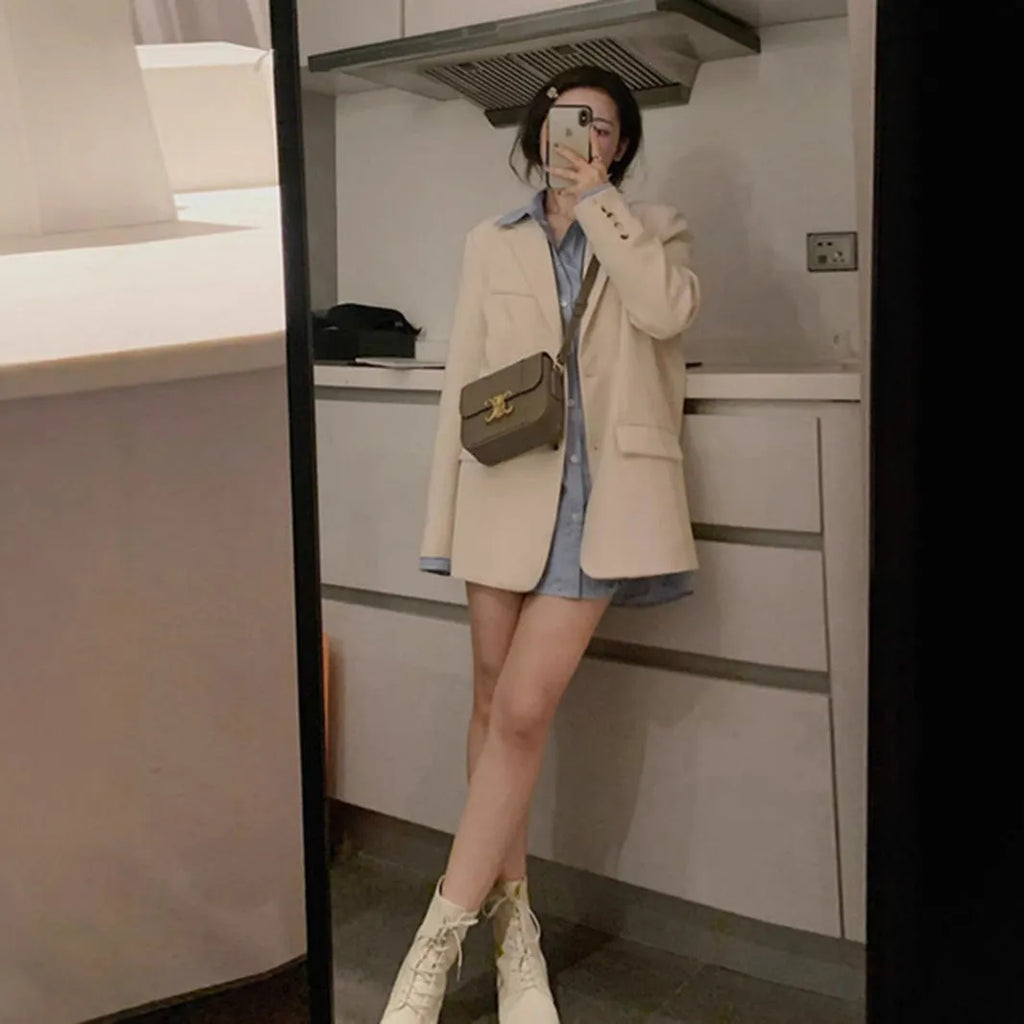 Korean-style women's solid colour blazer jacket with pockets in milky white, black, or brown options