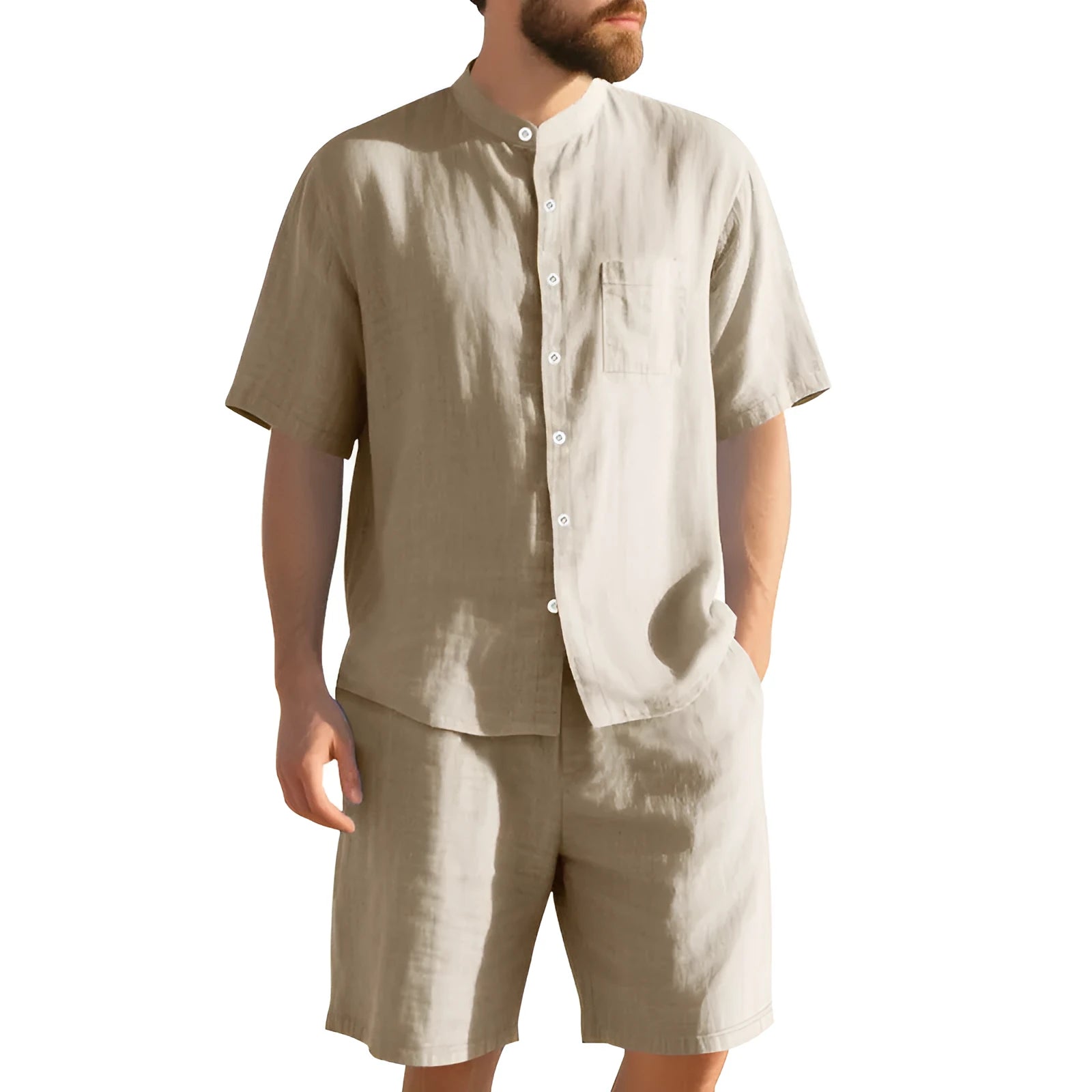 Men's light blue linen short sleeve suit jacket and shorts on a hanger for summer casual wear.