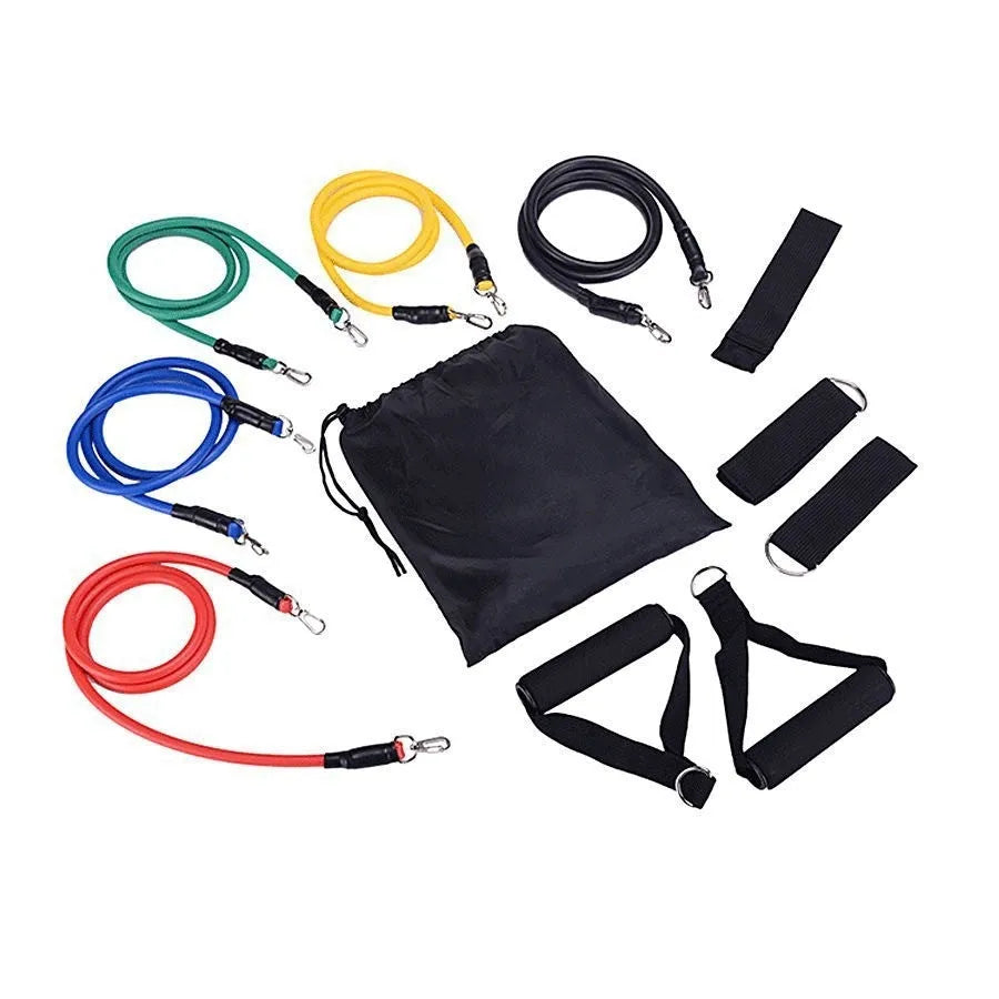 11-piece multi-functional door-mounted resistance training set with pulling rope and ABS plastic hooks.