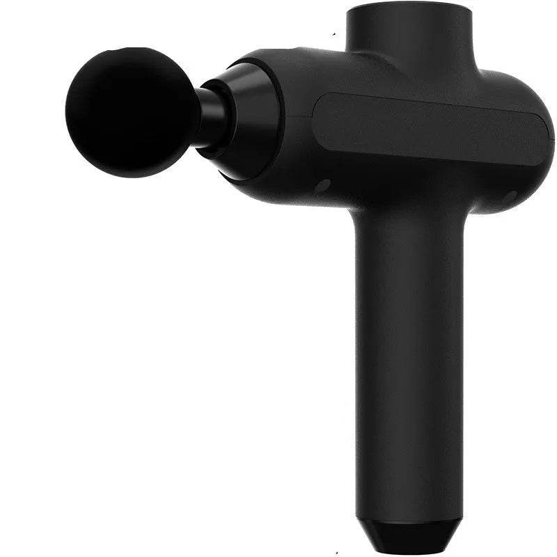 Black rechargeable massage gun with six different coloured massage heads laid out beside it.