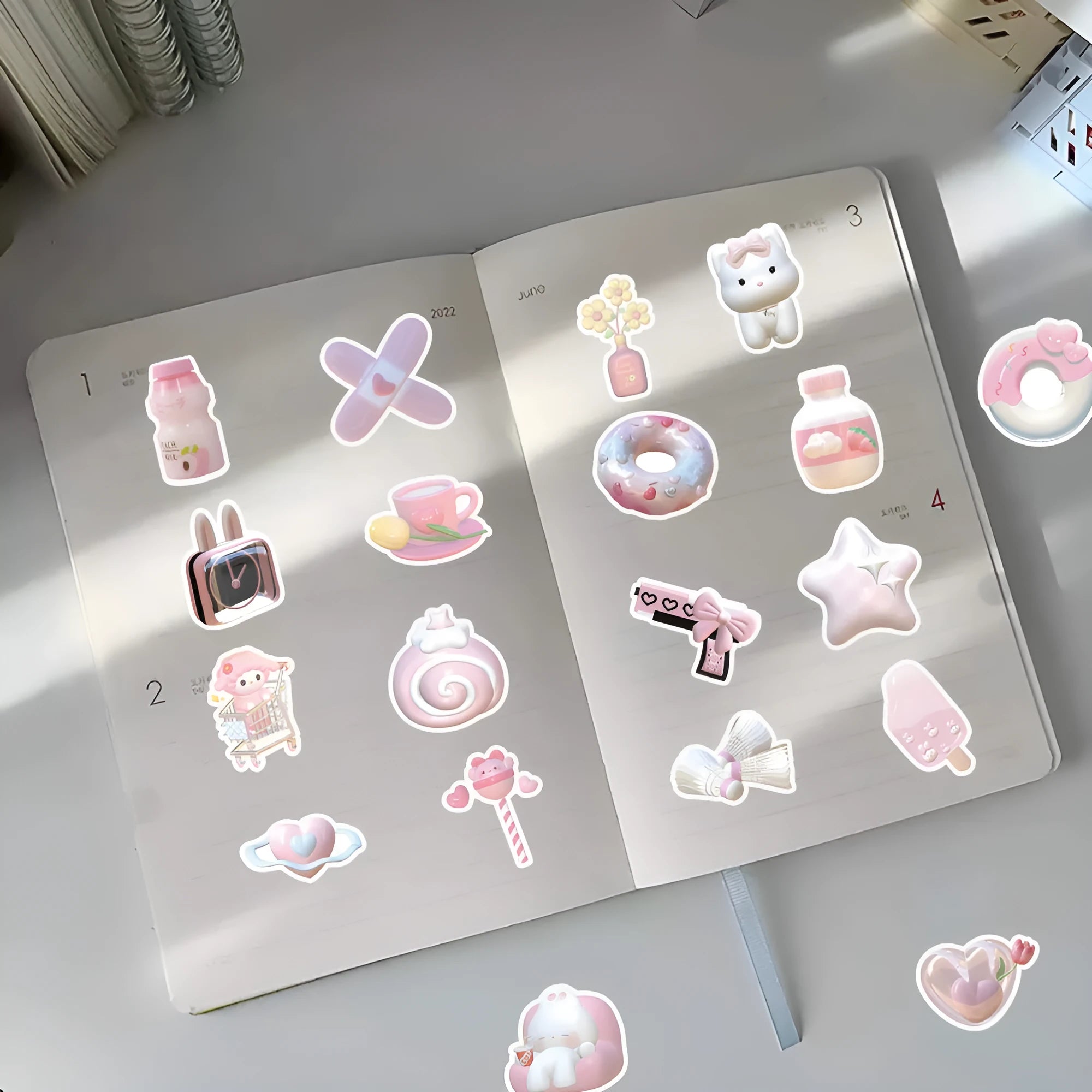 Pink girl heart 3D decorative stickers in light colours with realistic printing for craft and journal projects