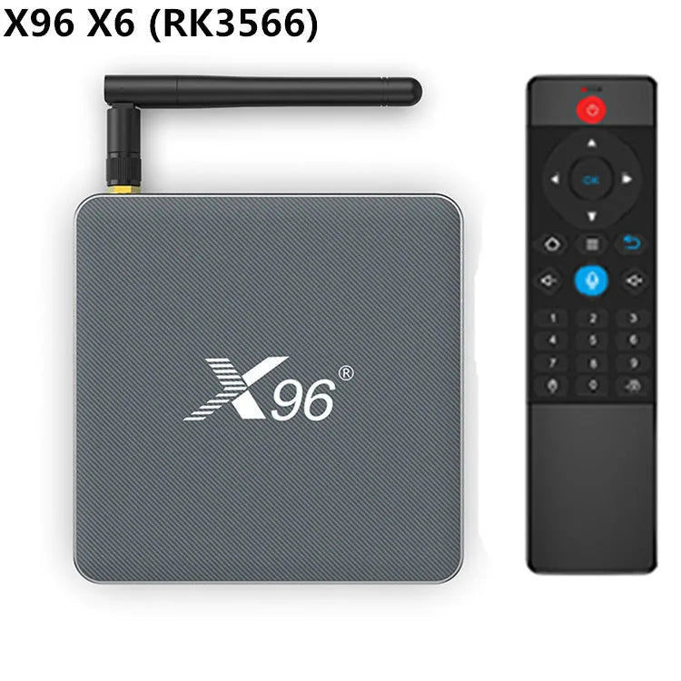 RK3566 Android smart TV set-top box with remote control and HDMI cable on a table