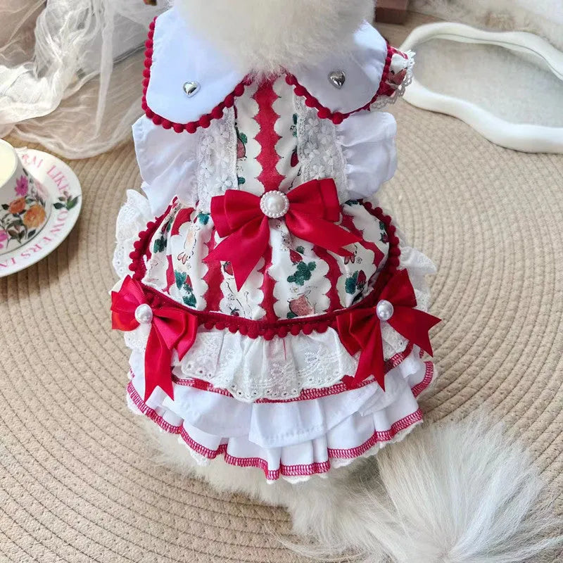 Rabbit skirt princess style dog dress in polyester fabric shown on small dog