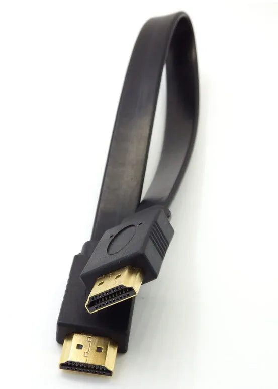 Flat HDMI cable with HDMI connectors showing length options from 0.3 metres to 10 metres