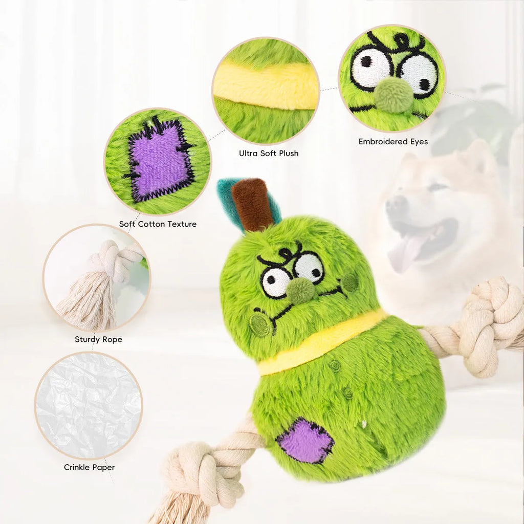 Green interactive dog toy with plush fabric, rope knots, and built-in squeaker for tug of war games