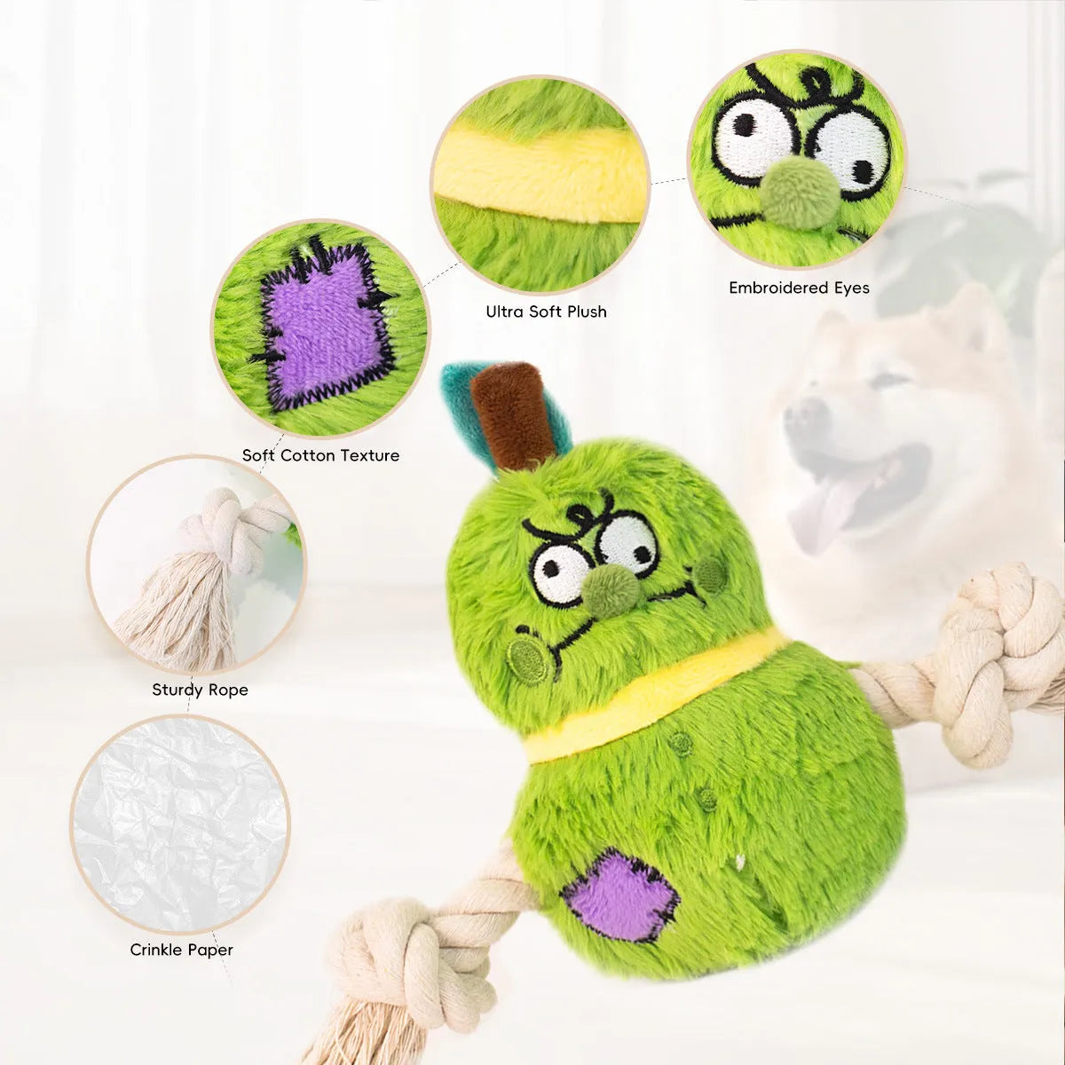 Green interactive dog toy with plush fabric, rope knots, and built-in squeaker for tug of war games