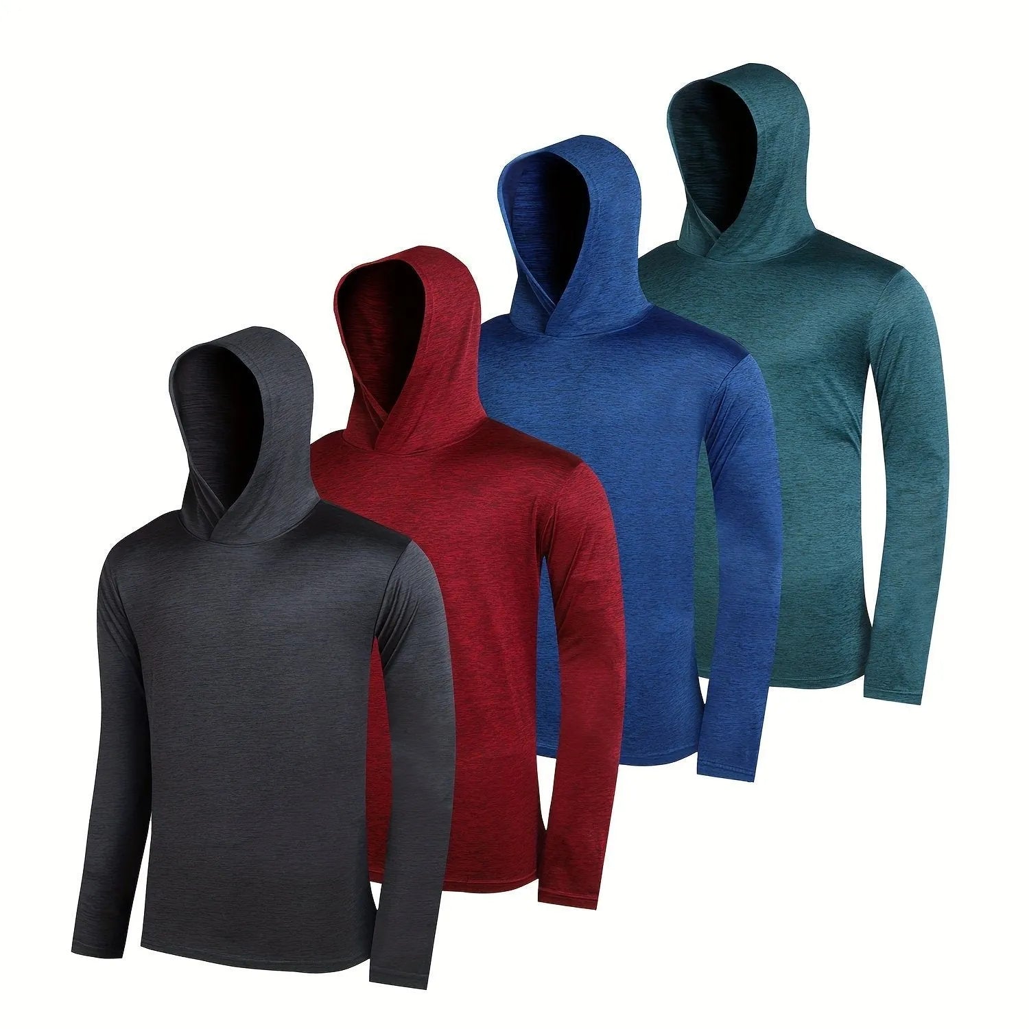 Four men's lightweight hoodies in different colours showing elastic polyester fibre fabric and hooded design