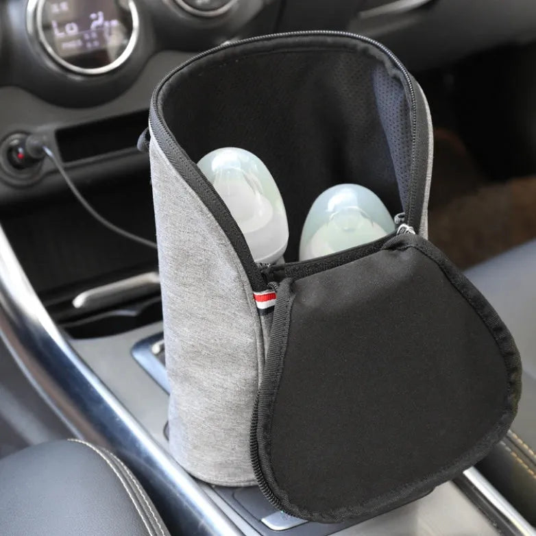 Grey Oxford cloth portable baby bottle warmer with car USB charging and temperature display