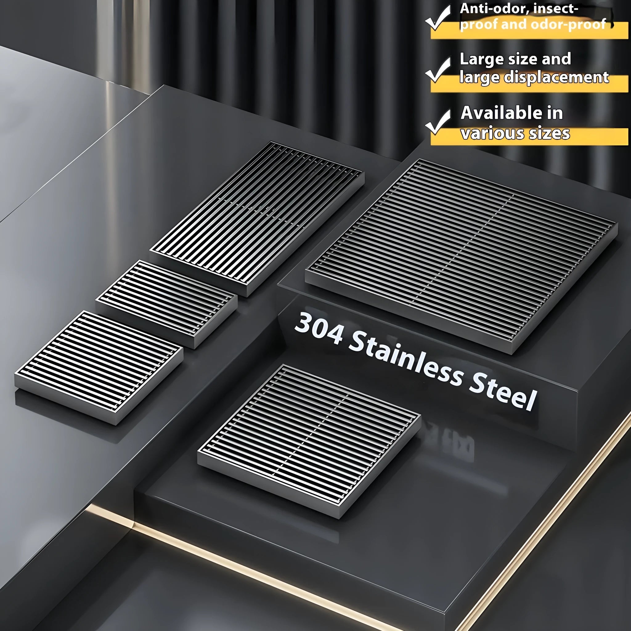 Gun grey 304 stainless steel courtyard floor drain measuring 15cm by 15cm with visible grating.