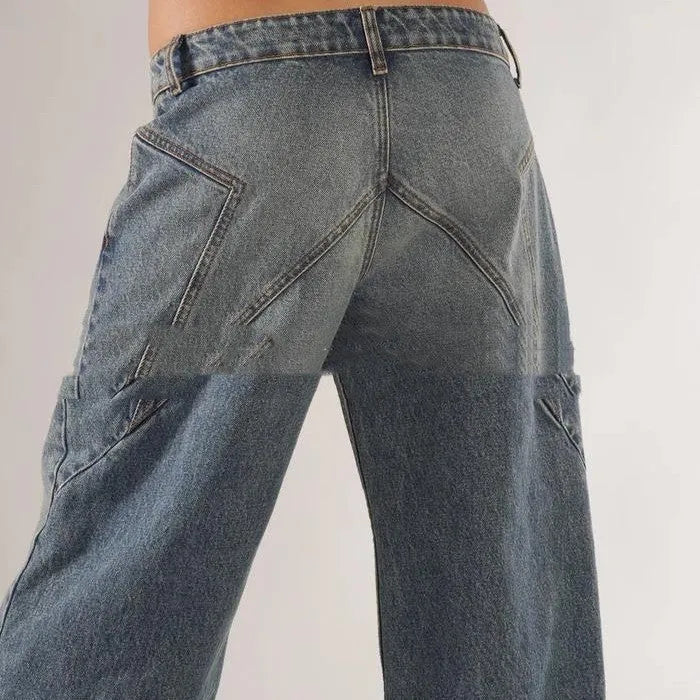 Women's blue cotton loose straight wide leg mop trousers with low waist design