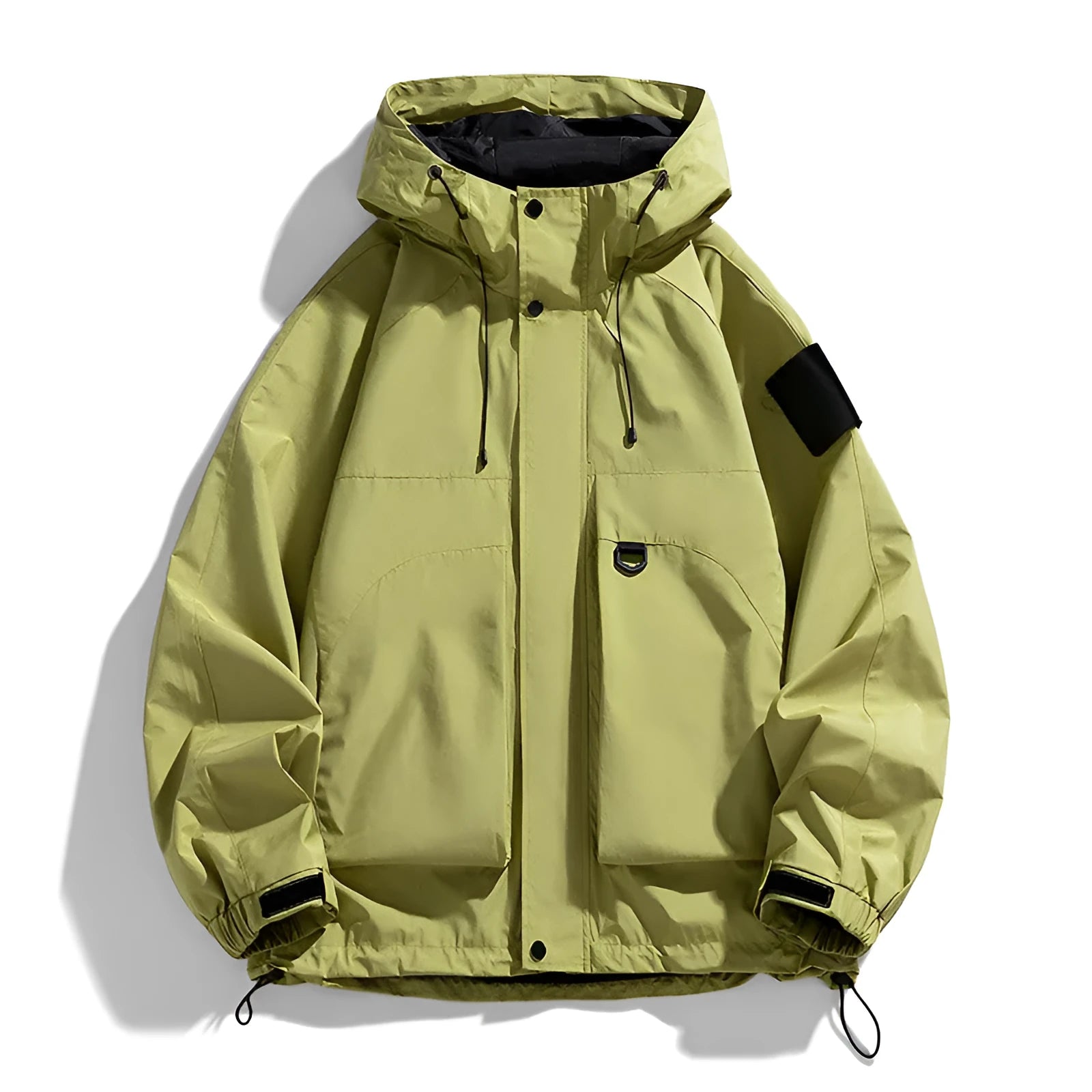 Men's black waterproof hooded jacket with long sleeves, shown in regular length fit.