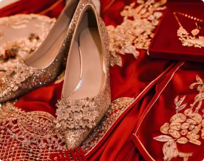 Champagne coloured pointed-toe wedding heels with rhinestone flower pattern, shown with different heel height options.