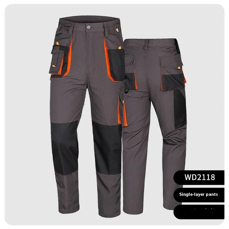 Men's dark gray multi-pocket cargo pants with large pockets and polyester fabric