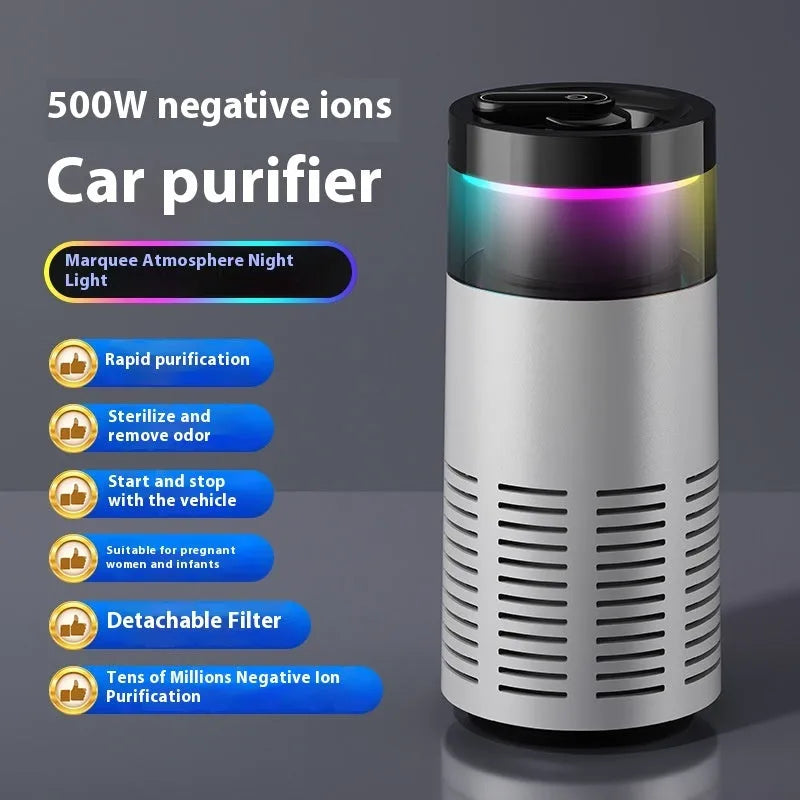 Compact black plastic car air purifier with negative ion function and USB power for small spaces