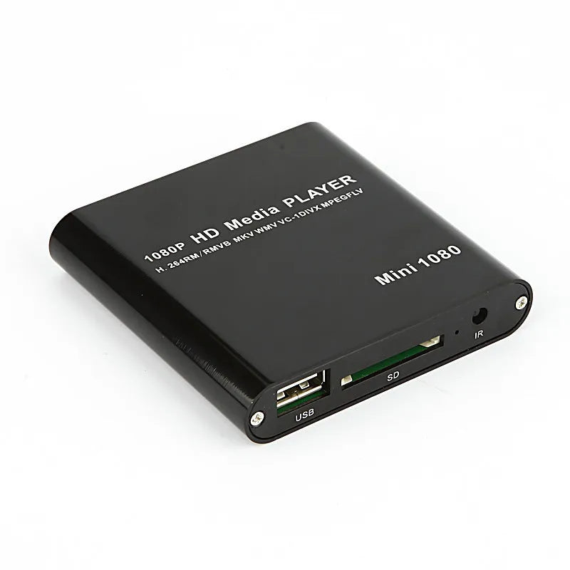 Compact blue media player with remote control showing HDMI port and storage slots