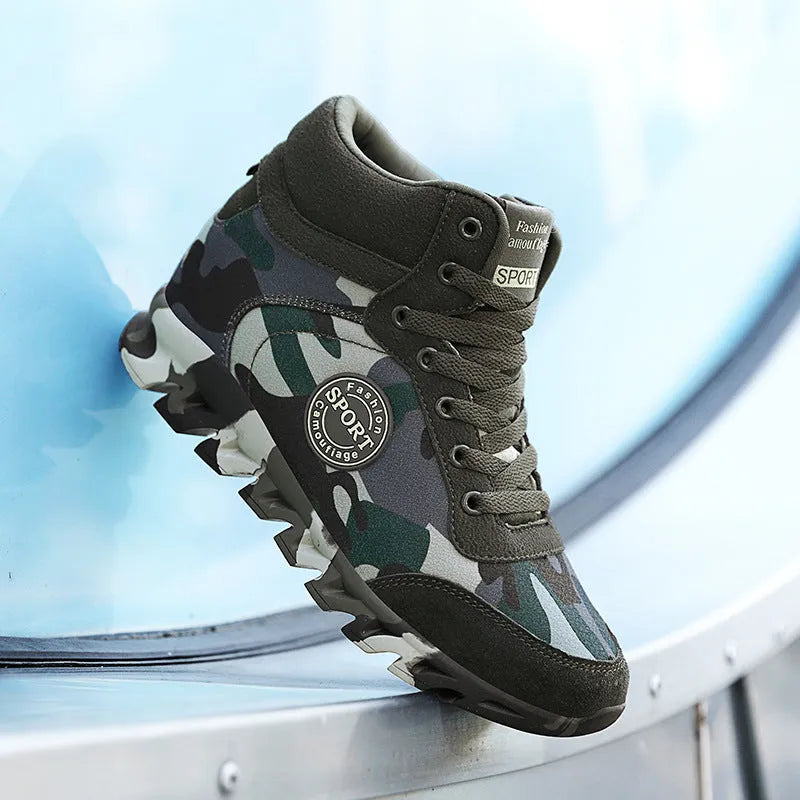 Green women's canvas sneakers with camouflage pattern and rubber soles