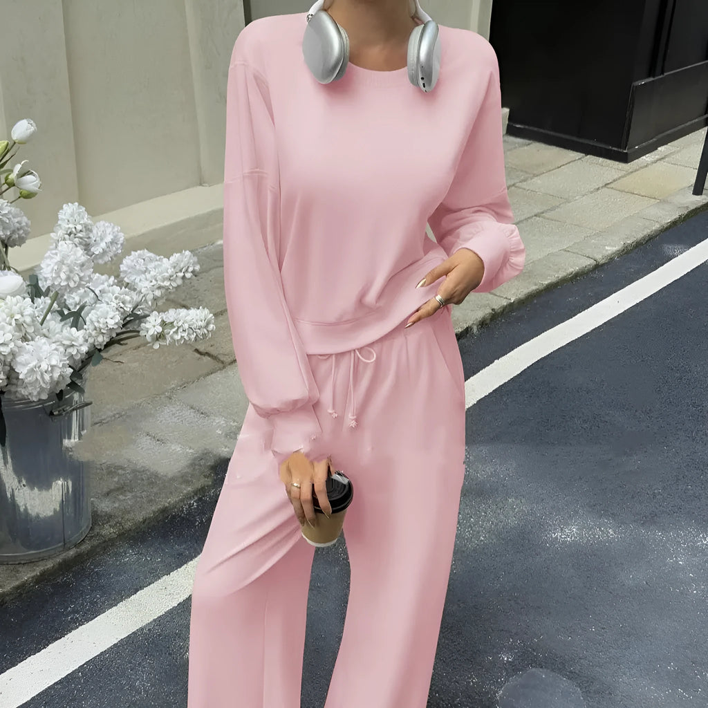 Women's solid colour polyester trousers two-piece set with long sleeves in street hipster style