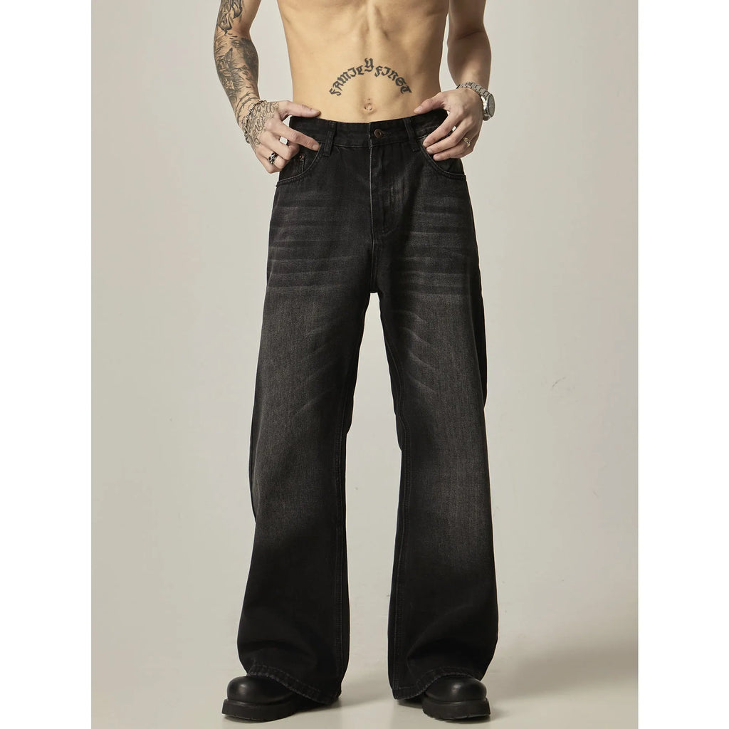 Black loose straight leg jeans with zipper fly and retro styling