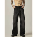 Black loose straight leg jeans with zipper fly and retro styling