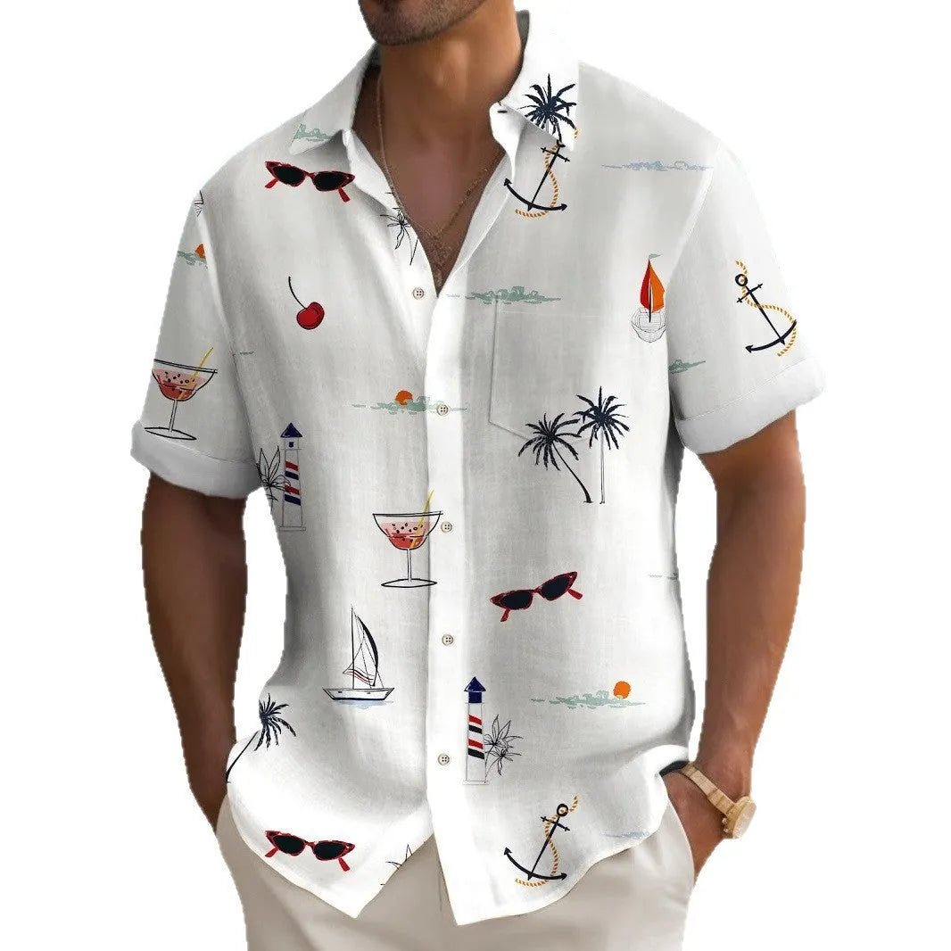 Men's loose fit Hawaiian shirt with colourful digital print pattern and short sleeves
