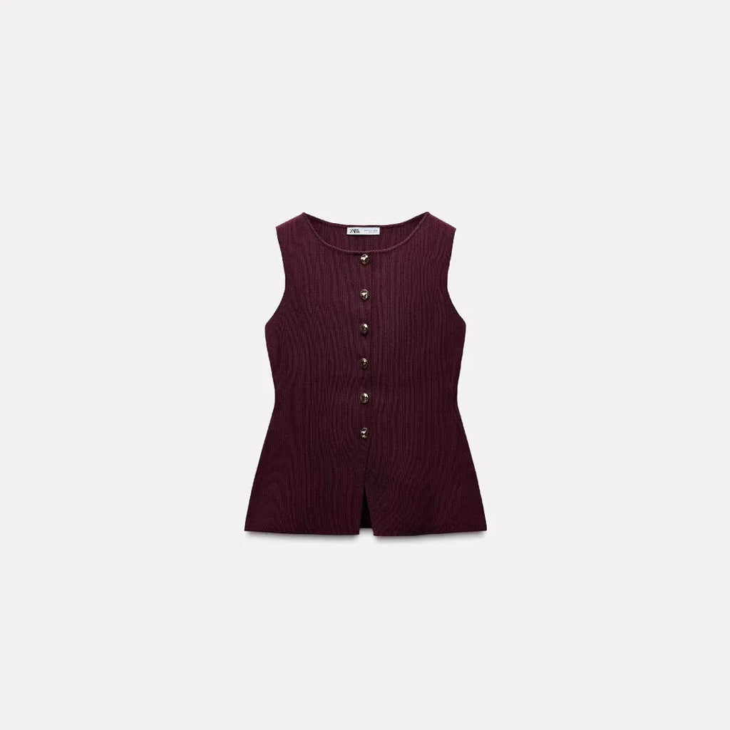 Dark red viscose sweater vest with gold buttons and textured 3D pattern, slim fit sleeveless cardigan style