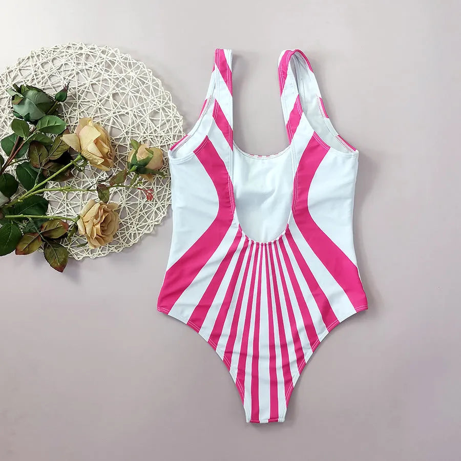 Pink striped one-piece swimsuit with front and rear digital printing for women