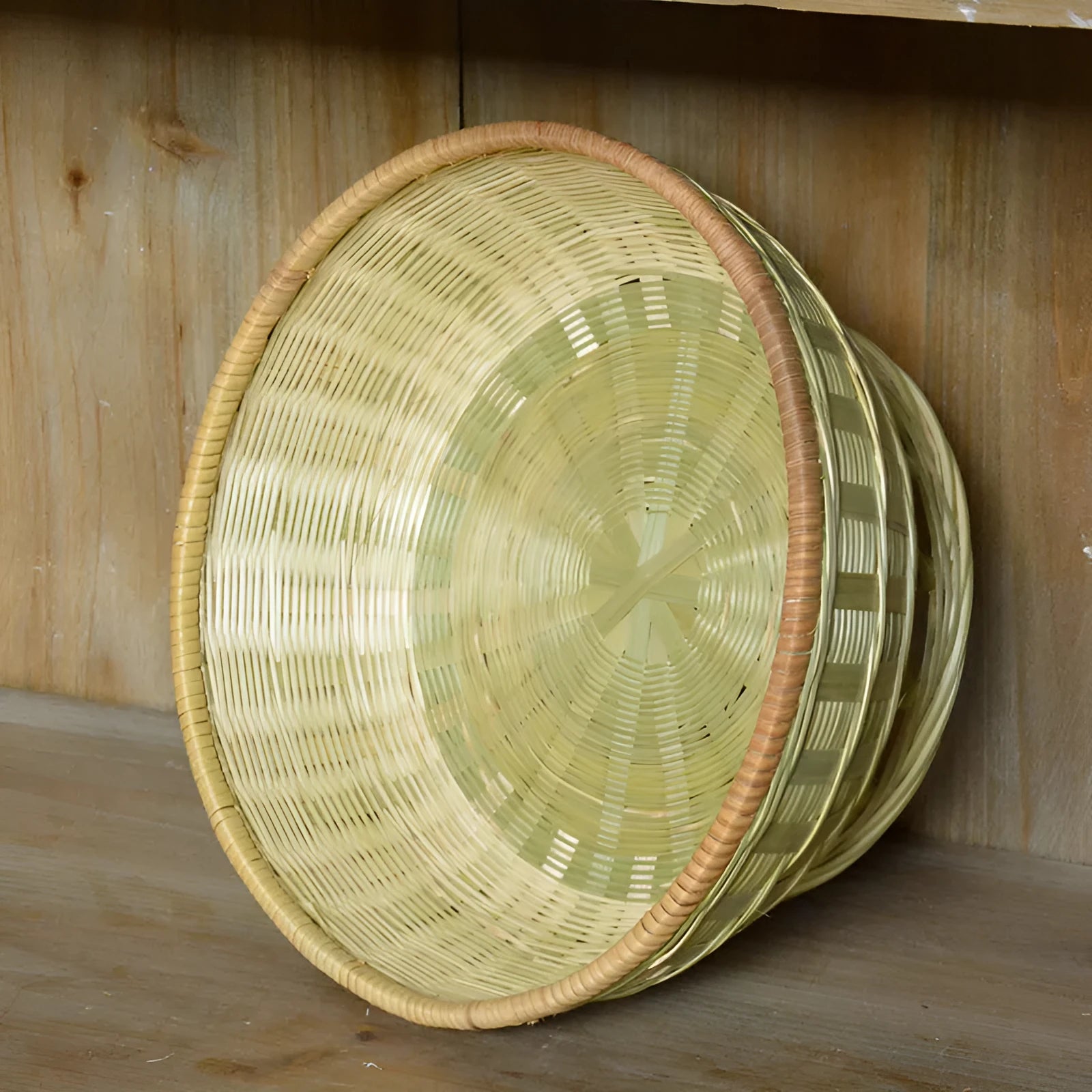 Handmade bamboo storage basket with three compartments measuring 26x8cm, 25x9cm, and 24x12cm