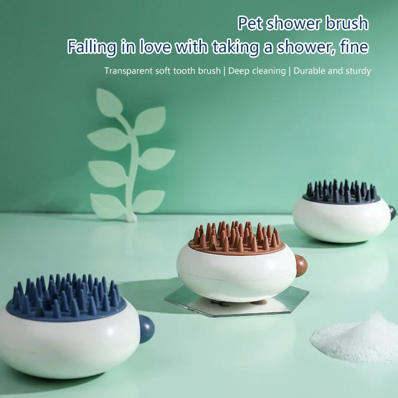 Panda-shaped silicone pet shower brush with soft bristles for bathing cats and dogs.