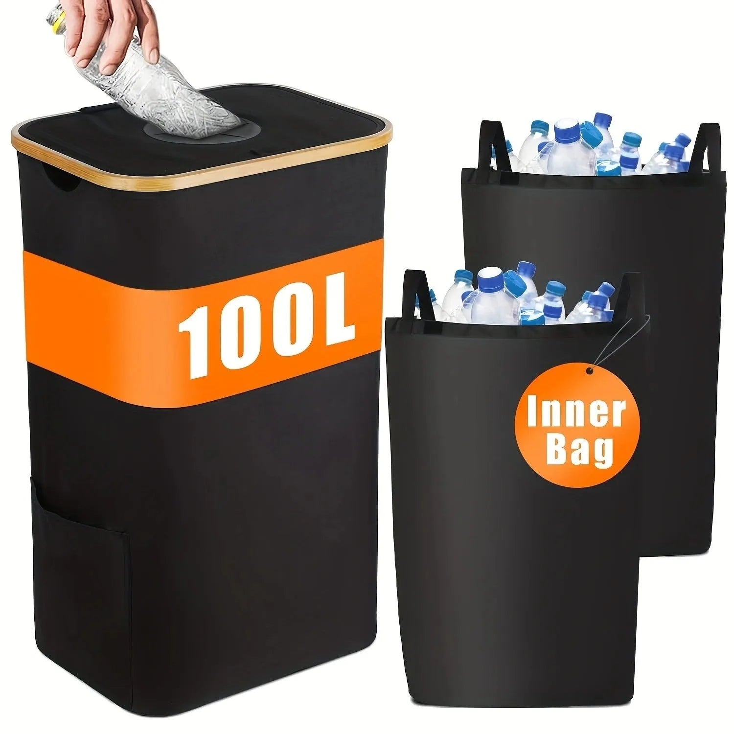 Black bamboo pattern laundry basket with removable lid showing ventilation holes and interior double pockets